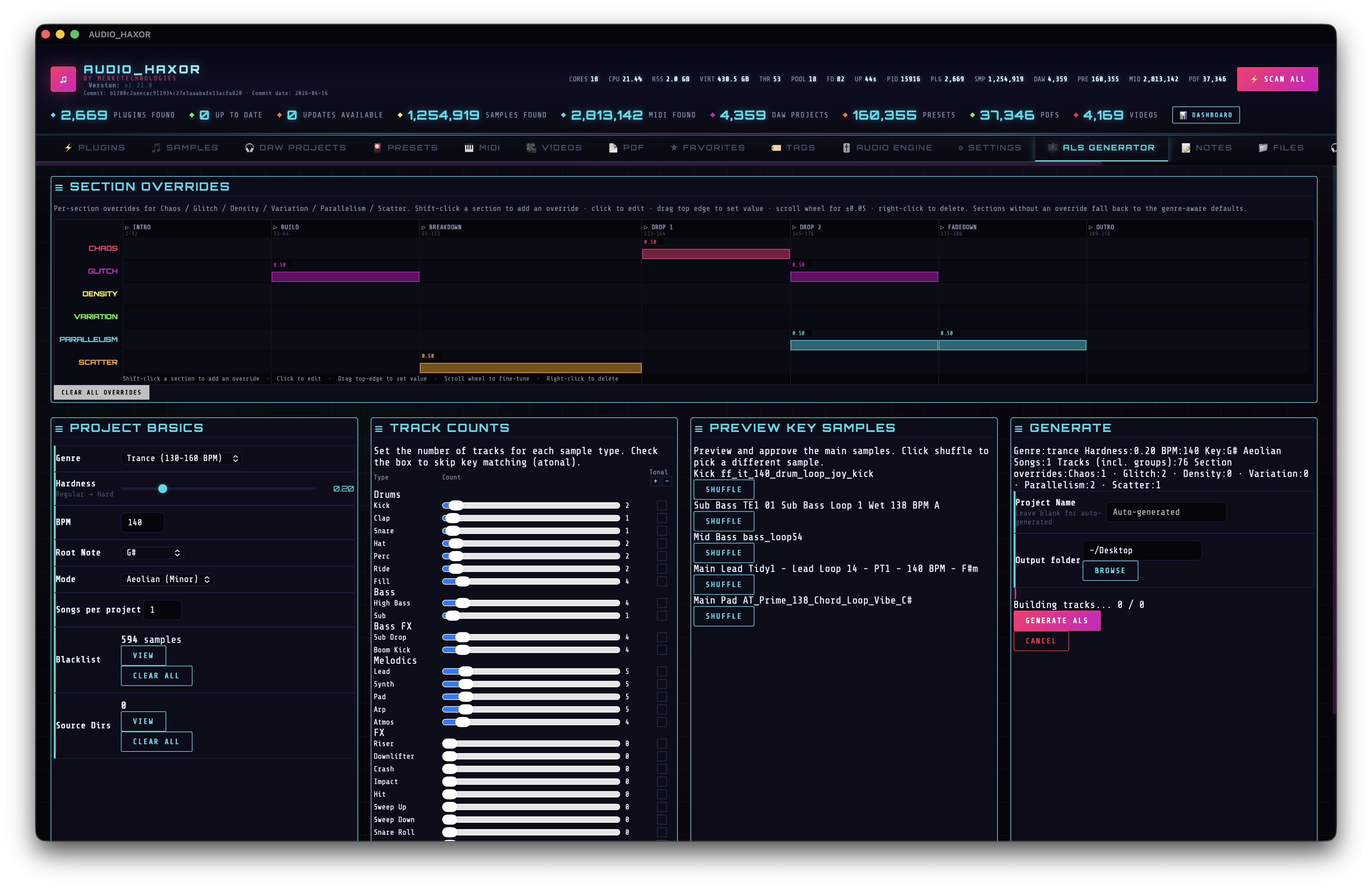 ALS Generator tab with Section Overrides timeline, Project Basics, Track Counts, Preview Key Samples, and Generate panels