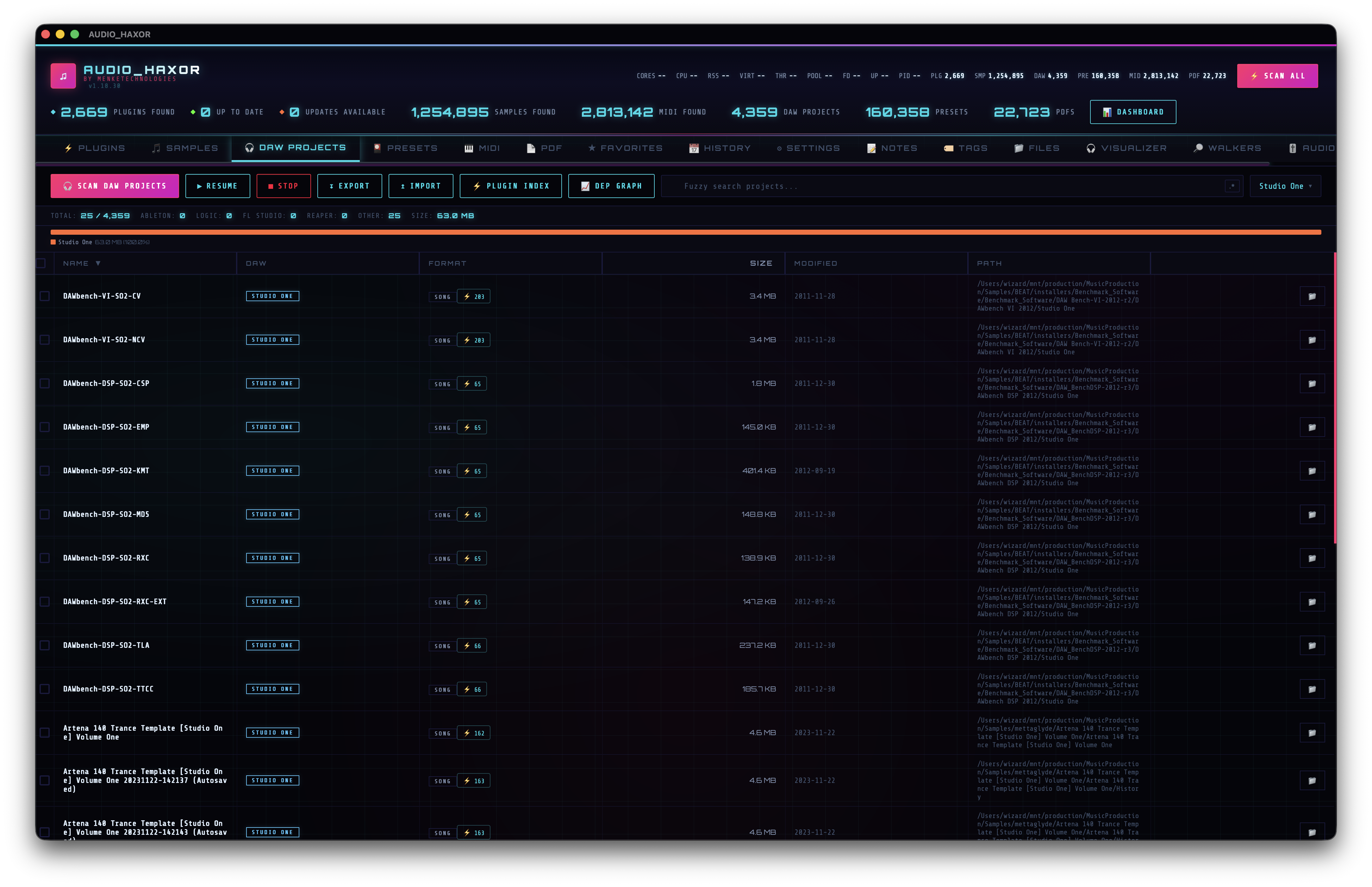 DAW tab listing Ableton, Logic, FL Studio, REAPER, Bitwig projects