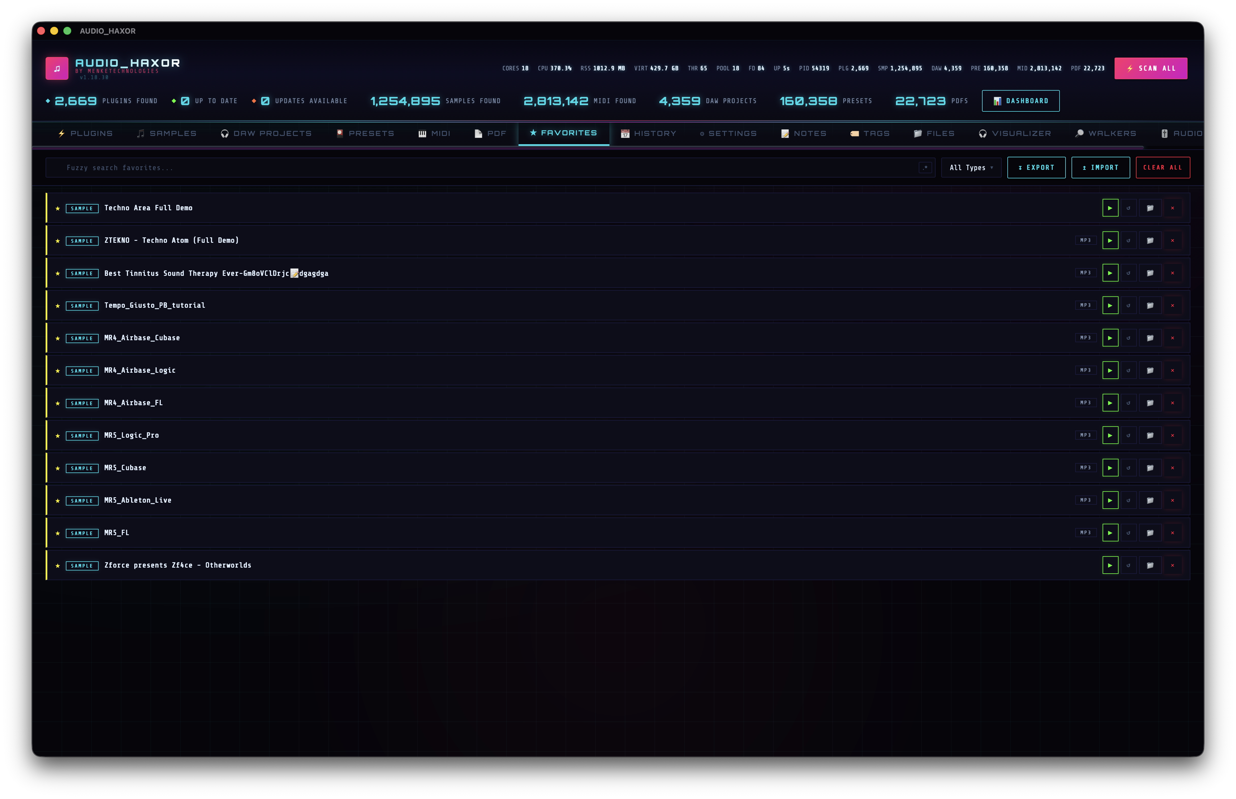 Favorites tab listing starred items across inventory types with a type filter dropdown