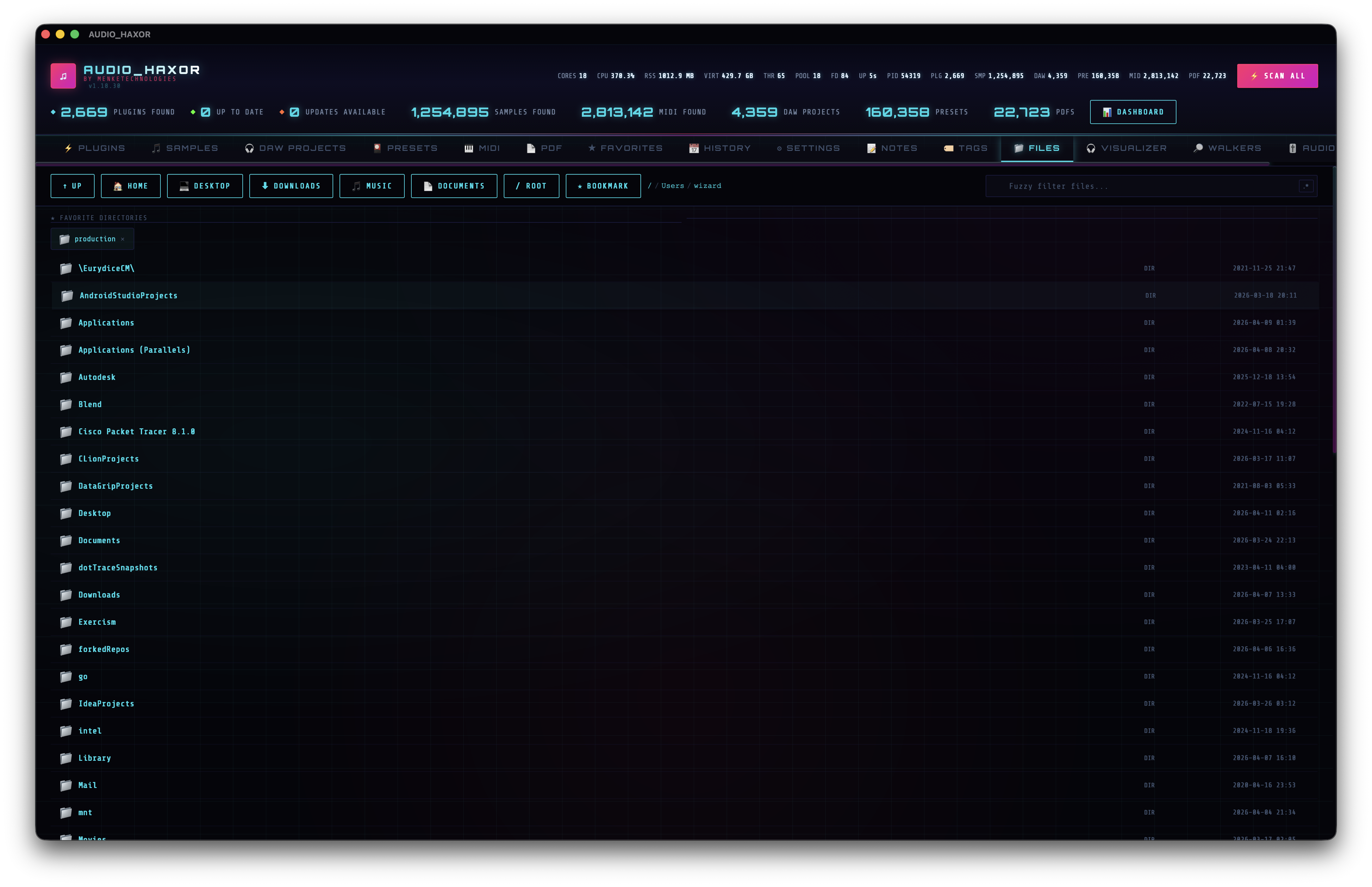 Files browser tab with breadcrumbs, quick-nav buttons, and file list