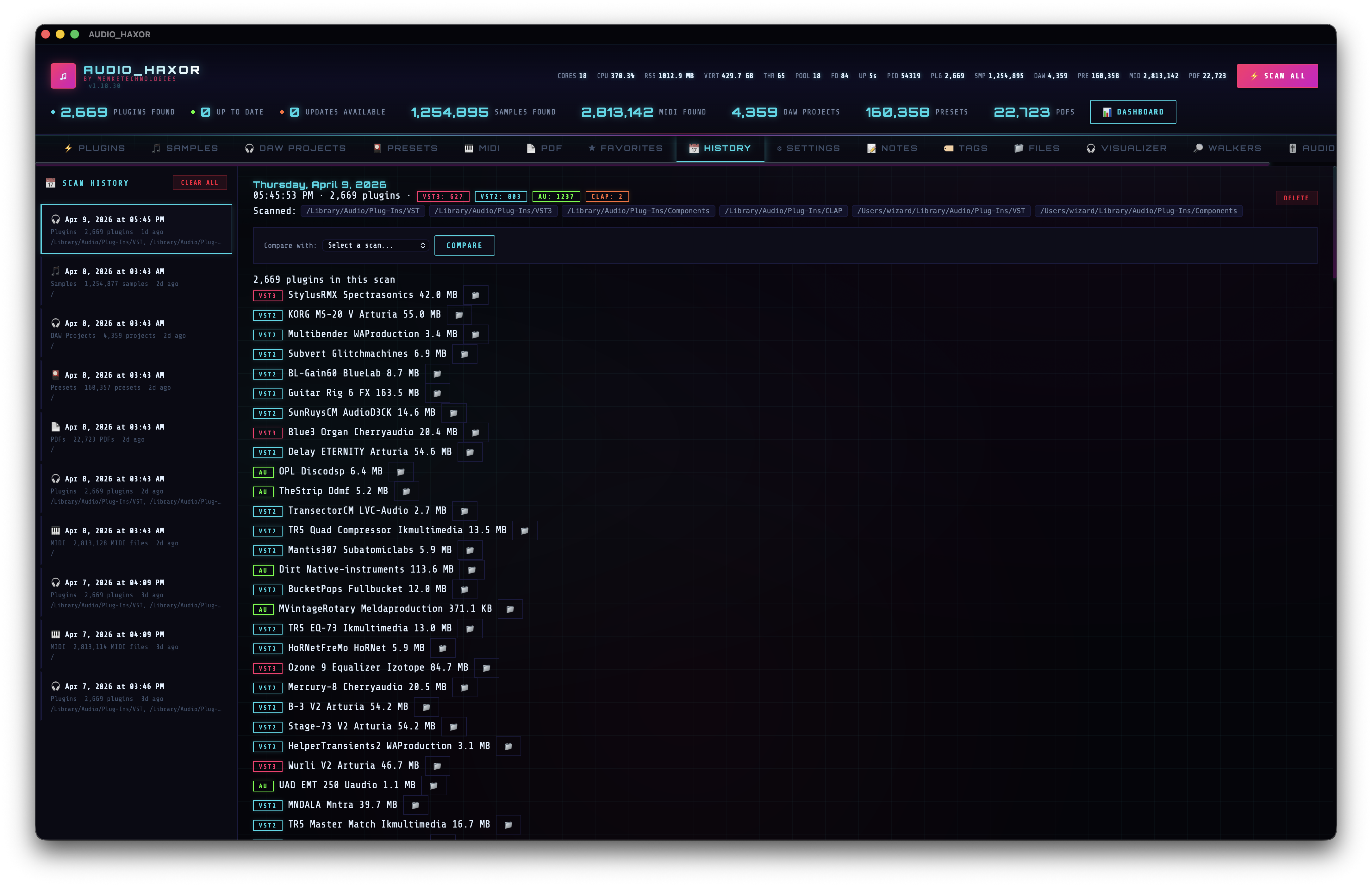 History tab with merged scan list on the left and detail pane on the right