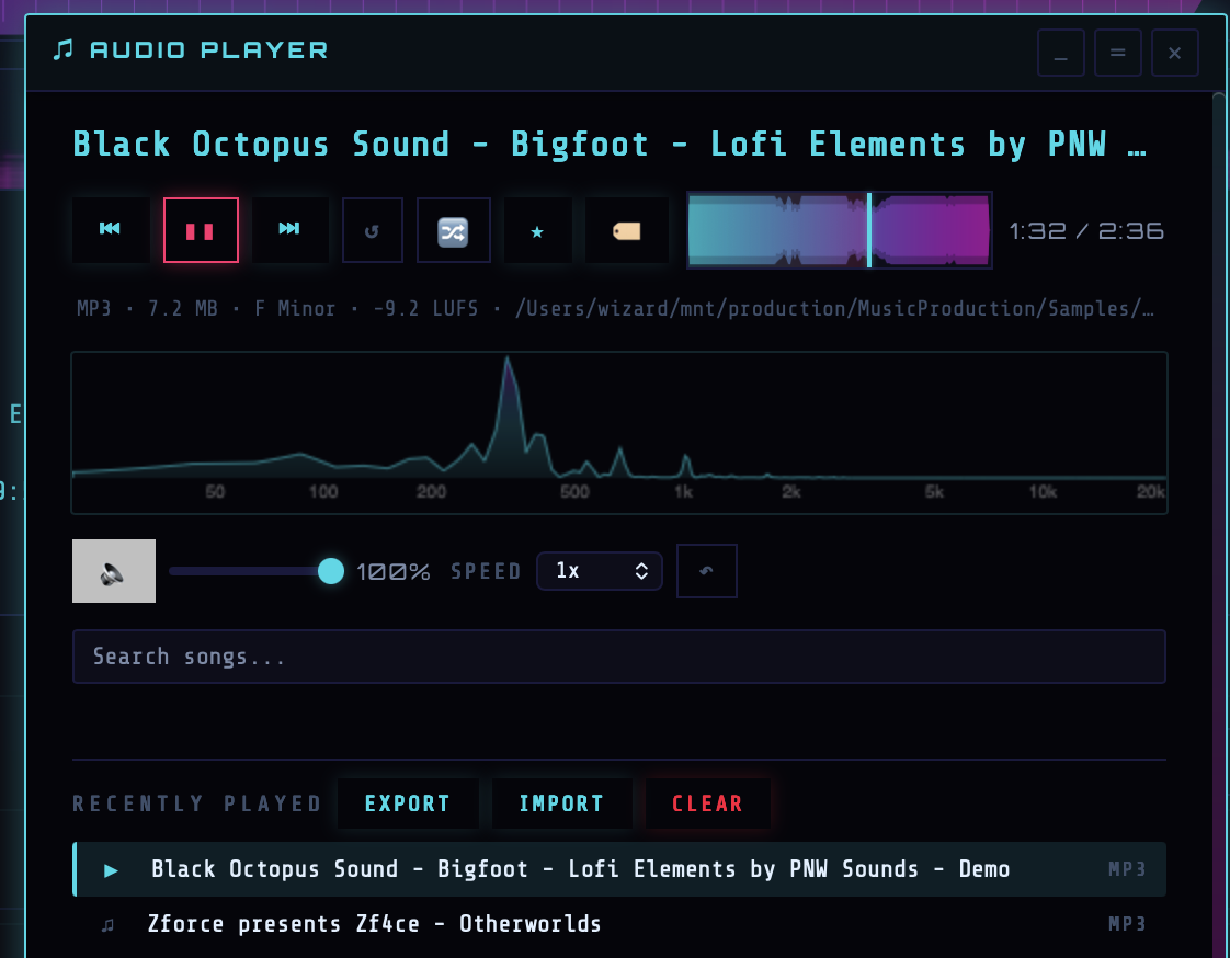 Floating player docked at the right of the app with waveform, transport, EQ, and recently-played list