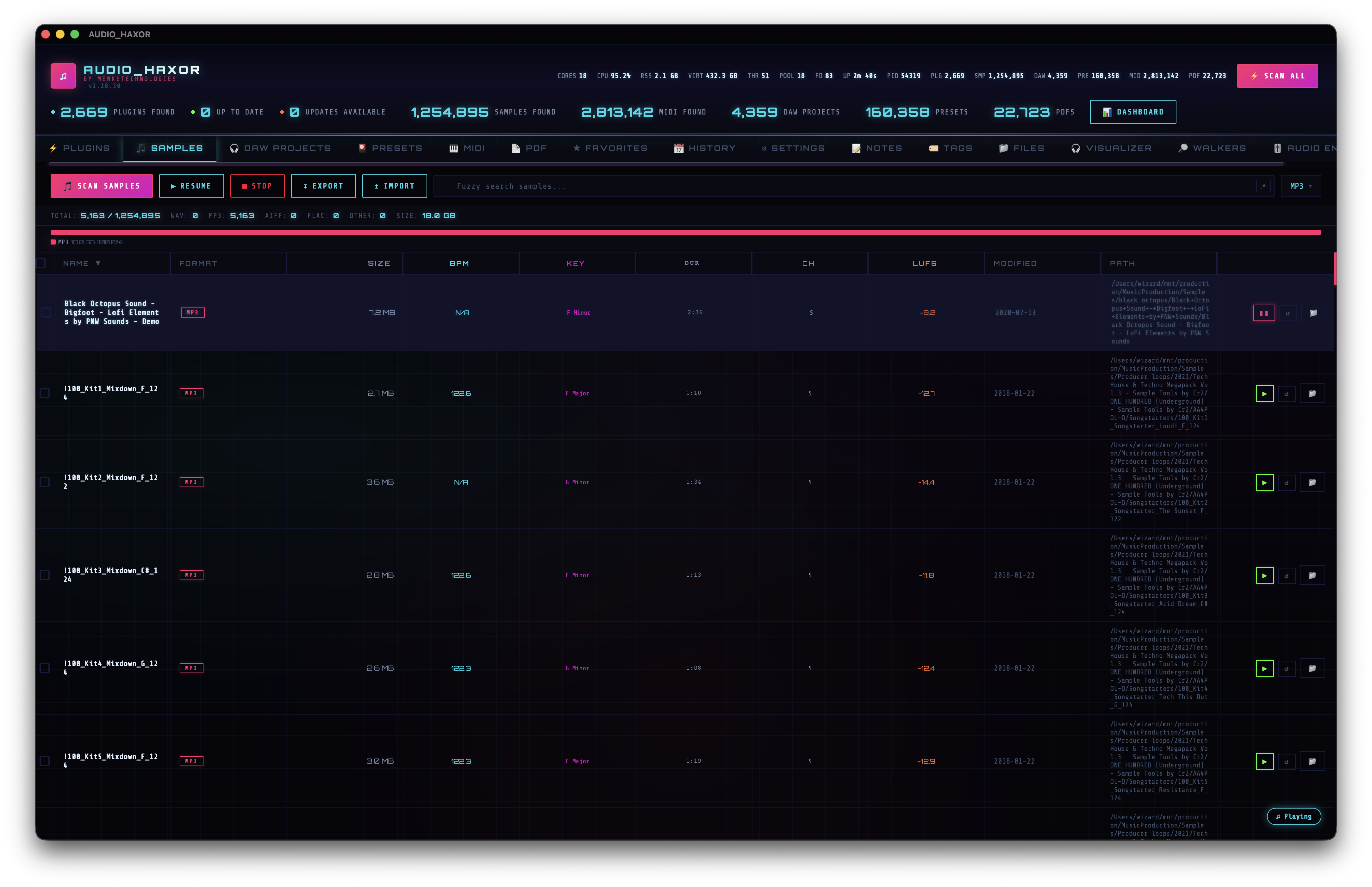 Samples tab with waveform preview and floating player active