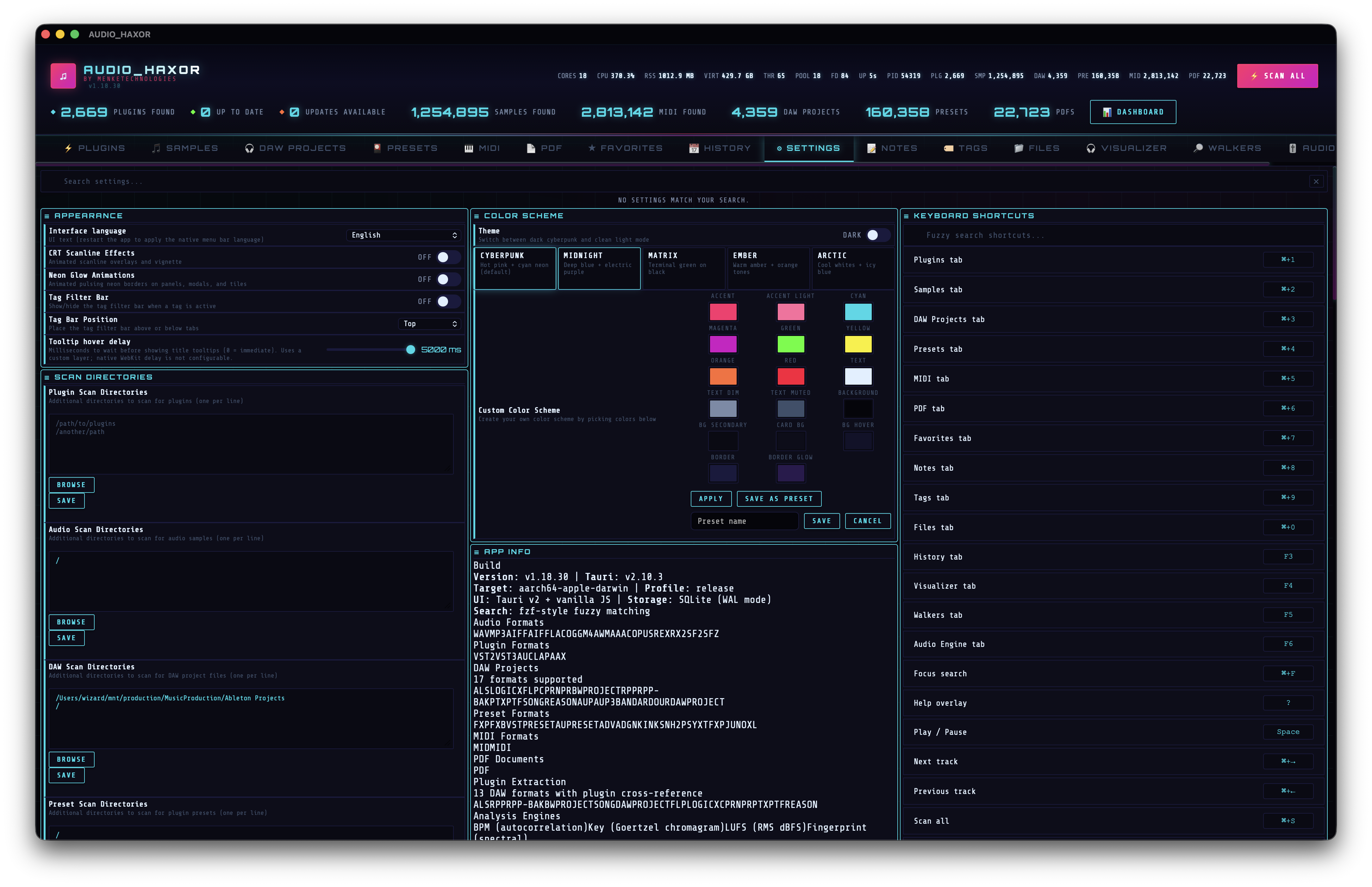 Settings tab with scan roots, appearance, and color scheme sections
