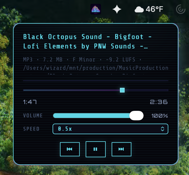 Tray popover showing now-playing title, scrubber, transport, volume, speed