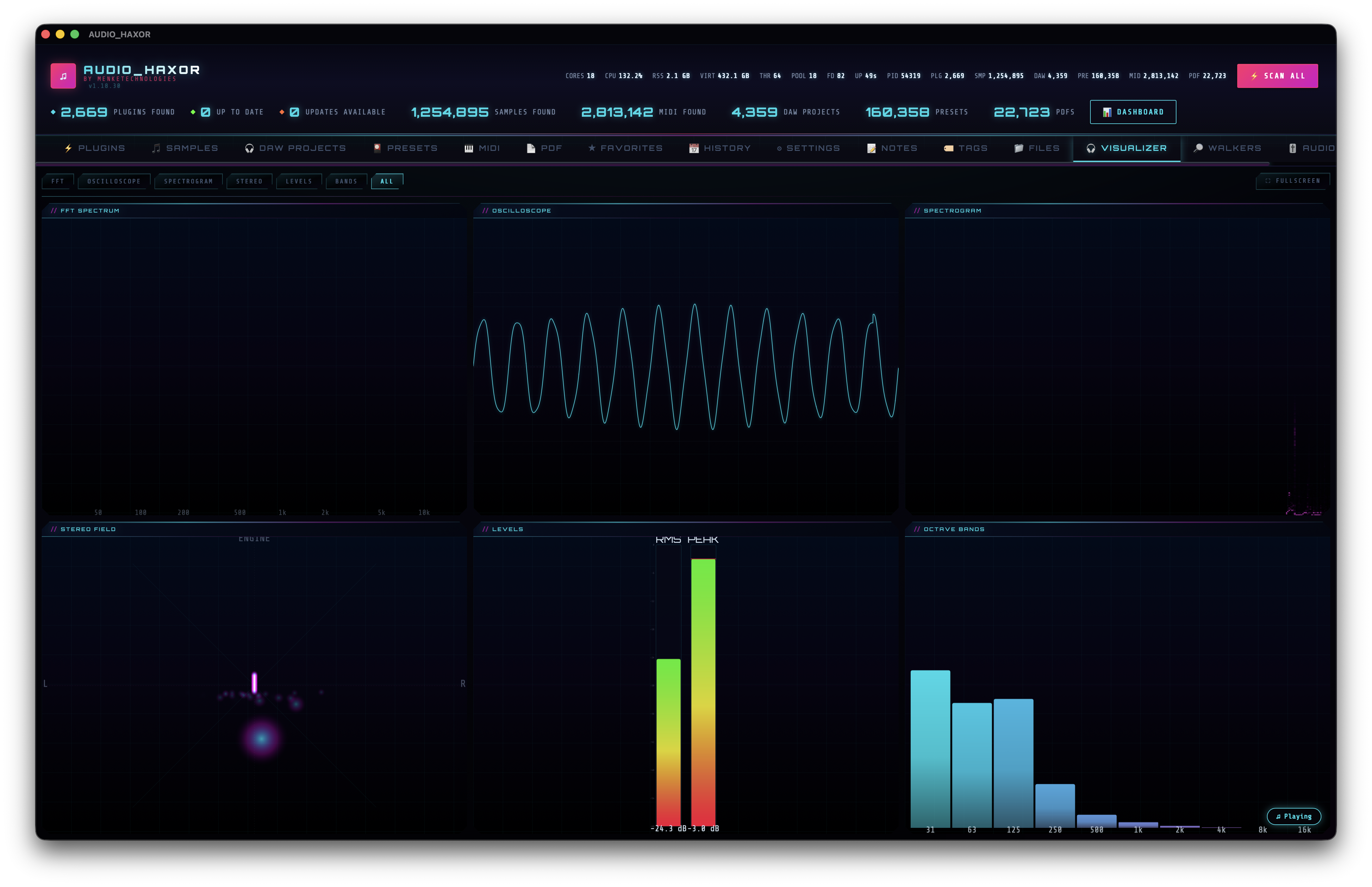 Visualizer tab with six live tiles — FFT, oscilloscope, spectrogram, stereo, levels, bands
