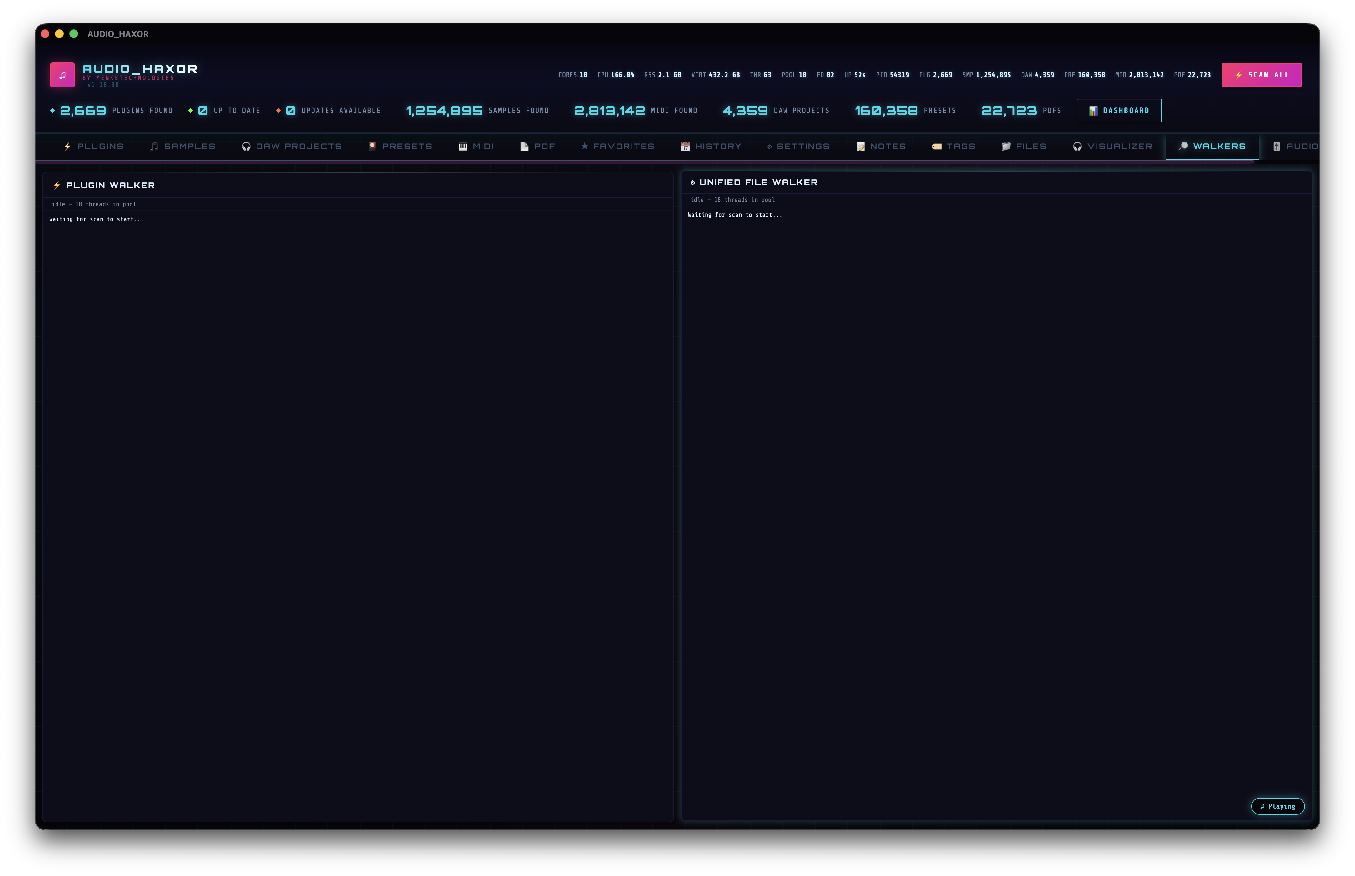 Walkers tab showing per-scanner live directory streams during a unified scan